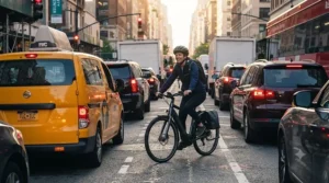 A compact electric bike maneuvering easily through a line of cars in heavy city traffic.