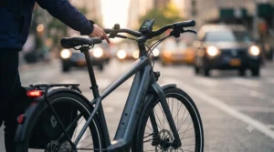 Close-up of safety features on an electric bike designed for heavy city traffic navigation.