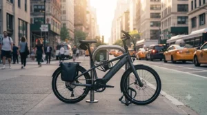 A modern electric bike parked on a busy street, the best solution for heavy city traffic.