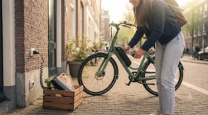 Plugging in an electric bike for short city errands at home for quick daily charging.