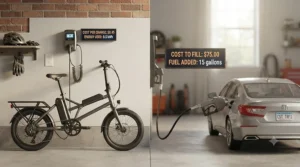 Illustration of low-cost home charging for electric bikes vs high gas station costs.