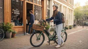 A stylish electric bike for short city errands parked outside a local coffee shop.