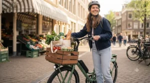 An electric bike for short city errands equipped with a basket filled with fresh groceries.