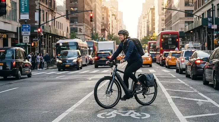 A rider navigating through heavy city traffic on a reliable electric bike during rush hour. electric bike for heavy city traffic