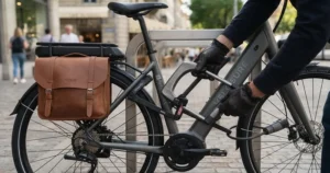 A commuter locking their theft-resistant urban electric bike at a city rack.