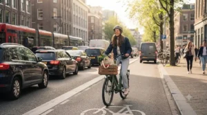 Navigating through light traffic on an electric bike for short city errands to save time.