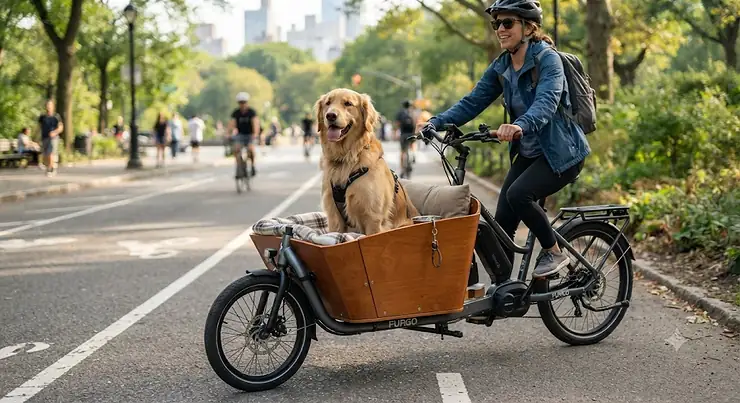 Golden retriever sitting comfortably in the front wooden box of an electric cargo bike designed for pet transport. electric cargo bike for pet transport