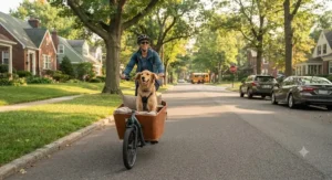 Cyclist riding an electric cargo bike for pet transport down a quiet, tree-lined American suburban street with a dog looking ahead.