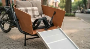 Close-up view of a custom loading ramp and safety harness inside an electric cargo bike configured for pet transport.