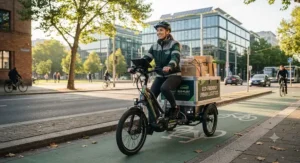 A delivery person riding an electric cargo trike for businesses, promoting eco-friendly logistics for modern companies.