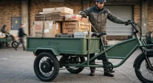 Close-up of a high-capacity electric cargo trike for businesses loaded with heavy packages, demonstrating durability and power.