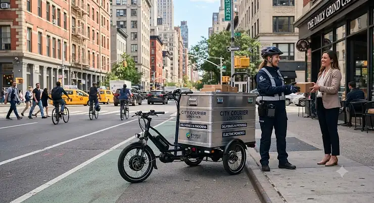 A professional courier using an electric cargo trike for businesses to make quick urban deliveries in a busy city center.