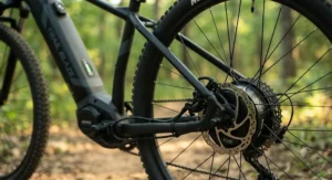 Close-up view of the down tube integrated battery and hub motor on a hardtail emtb under $2000.