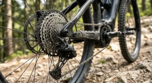 Detailed view of the wide-range rear cassette and derailleur on an electric mountain bike optimized for steep climbing gear ratios.