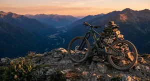 An electric mountain bike resting at a high mountain summit overlooking a valley at sunset after conquering a steep climb.