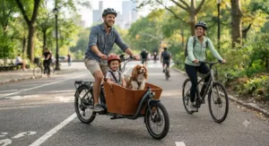 Happy family riding an electric cargo bike with their small dog safely secured in the front bucket seat through a city park.