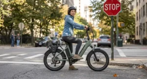 A short rider seated on a step-through ebike with both feet planted flat on the pavement for stability at a stop sign.