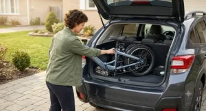 A compact, folding step-through ebike fitting easily into the trunk of a car for convenient transport.