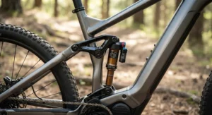 Detail shot of the rear air shock absorber and linkage system on a high-value full suspension electric mountain bike.