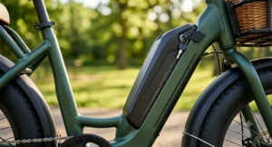 High-capacity battery integrated into the frame of a heavy-duty step-through ebike.