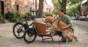Pet owner gently helping a medium-sized dog step into the low-threshold box of a front-loading electric cargo bike.