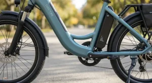 Close up of a low step frame on an electric bike showing easy mount clearance for shorter adults.