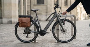 Side profile of a stylish, theft-resistant urban electric bike for city commuting.