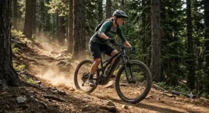 An athletic rider easily pedaling an electric mountain bike up a steep, dusty dirt trail in a dense pine forest.