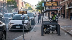 Infographic showing zero parking costs for e-bikes versus expensive city car parking fees.