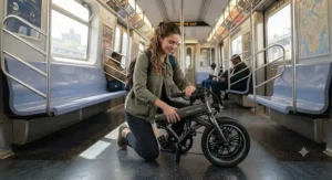 A passenger efficiently folding their portable electric bike inside a spacious subway car.
