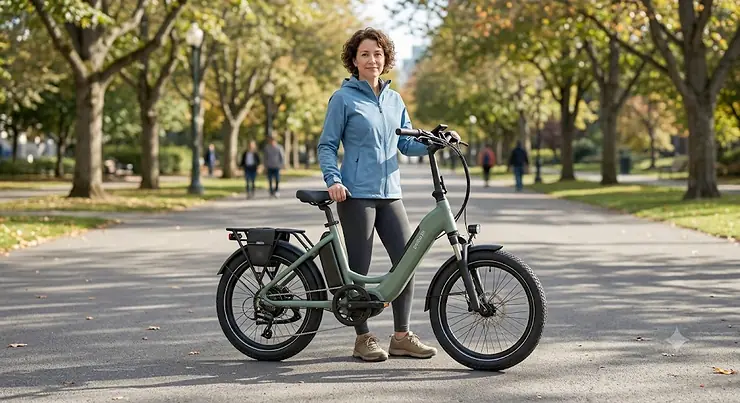A petite woman comfortably standing next to a step-through ebike designed for short riders. step-through ebike for short riders