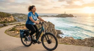 A plus-size woman smiling while riding a step-through electric bike along a scenic coastal route.