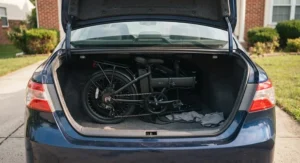 A lightweight folding ebike under $1000 neatly folded and stored inside the trunk of a standard American sedan.