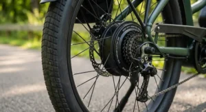 Rear wheel hub motor providing extra power on a step-through electric bike for plus-size riders.
