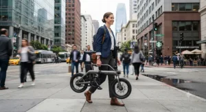 A professional rider carrying a lightweight folding ebike through a busy downtown city center.