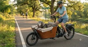 Older dog resting comfortably inside an electric cargo bike on a sunny afternoon ride along a paved recreational trail.