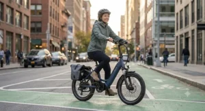 A short rider confidently commuting in a city bike lane on a step-through electric bicycle.