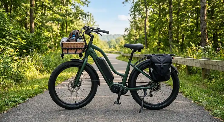 A sturdy step-through electric bike for plus-size riders parked on a paved trail.