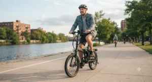 An adult riding a reliable, full-sized folding ebike under $1000, showcasing the sturdy aluminum frame.