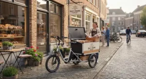 A compact electric cargo trike for businesses parked in front of a local bakery for efficient morning deliveries.