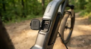 Detailed view of the integrated battery charging port on an electric hardtail mountain bike.