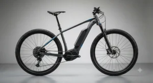 Studio side profile shot of a modern hardtail electric mountain bike highlighting its integrated downtube battery and powerful mid-drive motor.