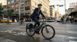 A commuter using a sleek touring electric bike with a 100-mile range through a vibrant American city street.