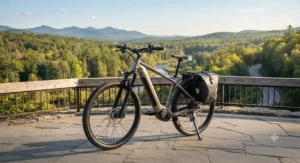 A versatile hardtail electric mountain bike parked near a scenic overlook, ready for both weekend trail rides and weekday commuting.