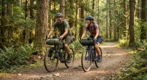 A couple enjoying an outdoor adventure using a gravel ebike for bikepacking trips through a forest.