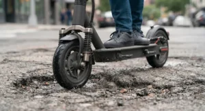 Suspension and shock absorption system on the best commuter electric scooter rolling over rough pavement