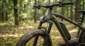 Close-up of the durable aluminum frame and heavy-duty suspension fork on an affordable electric hunting bicycle.