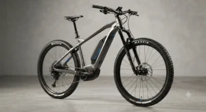 An angled view showcasing the rugged aluminum frame geometry and wide trail tires of a durable hardtail electric mountain bike.