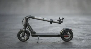 Full-body studio shot of a black lightweight electric scooter highlighting its frame and dual braking system.