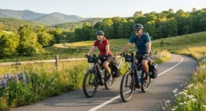 A couple riding side-by-side on touring electric bikes with a 100-mile range on a sunny weekend bike tour.